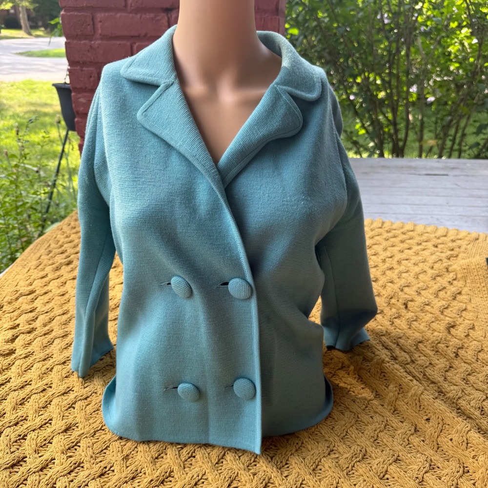 Vintage Carol Brent Wool Cardigan Sweater Turquoise Blue Made in Italy Double B